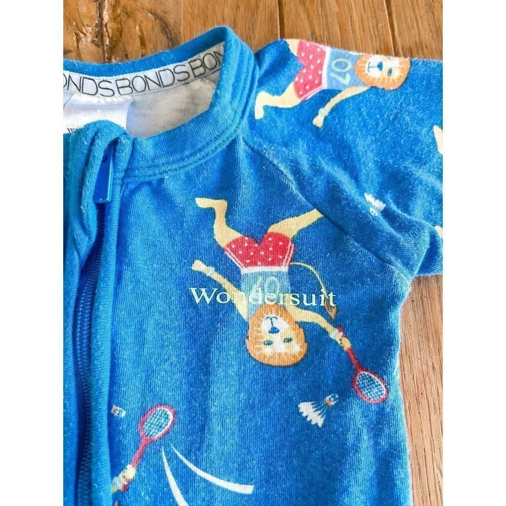 Bonds Long Sleeve Zippered Lion Badmington Blue Print Wondersuit Size 0-3M